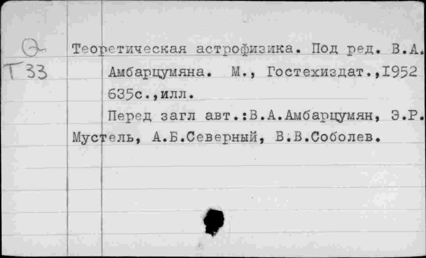 ﻿Теоретическая астрофизика. Под ред. В.А
Амбарцумяна. М., Гостехиздат.,1952 635с.,илл.
Перед загл автВ.А.Амбарцумян, Э.Р йустель, А.Б.Северный, В.В.Соболев.